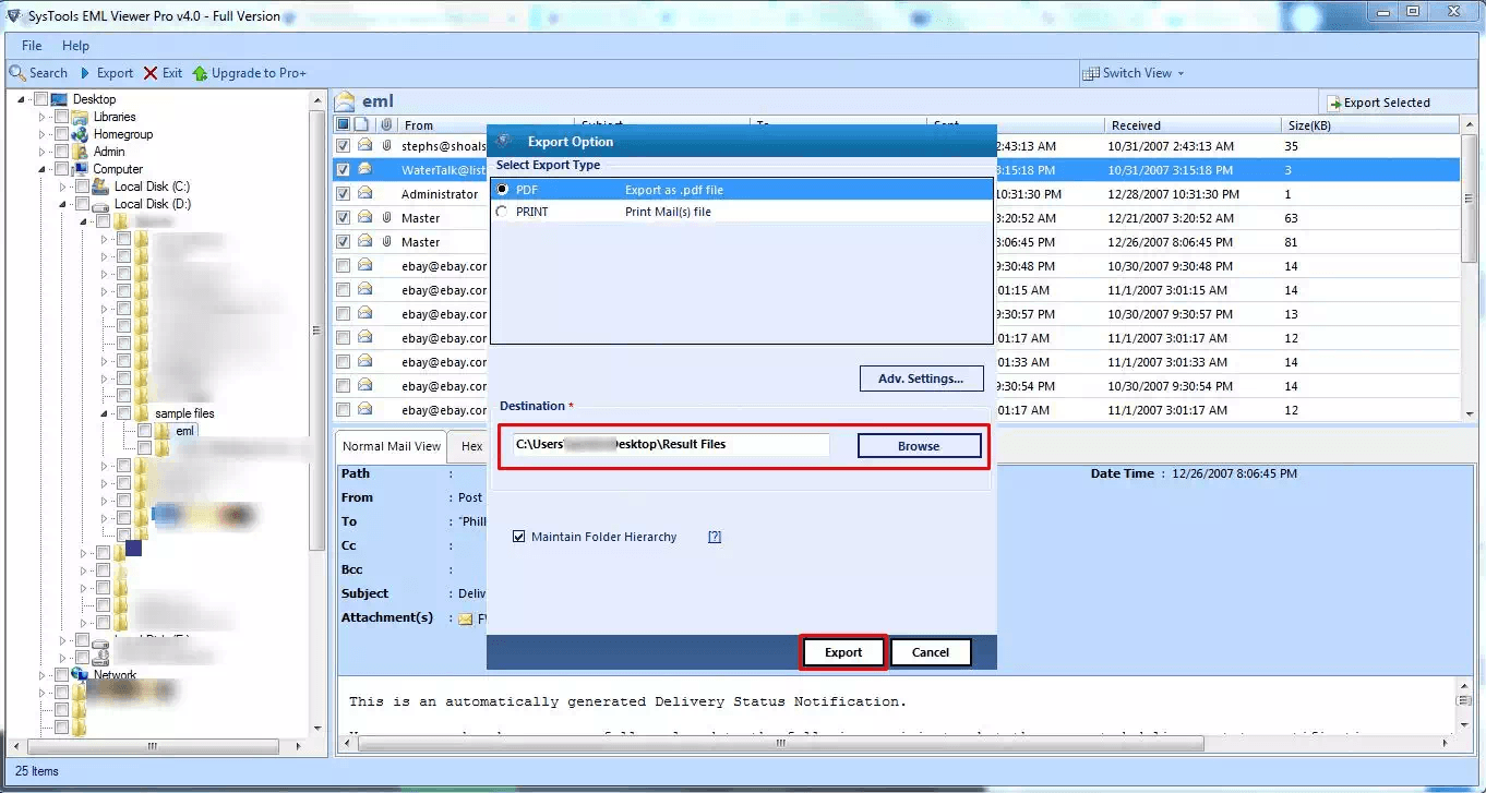 Print EML Files to PDF