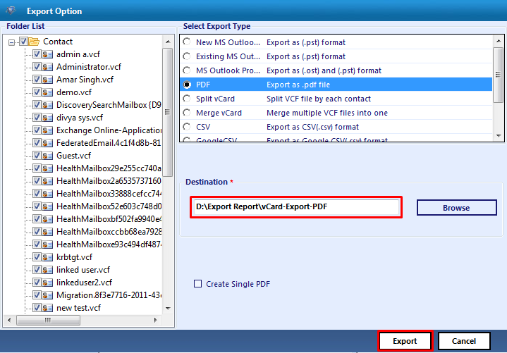 Convert VCF into PDF